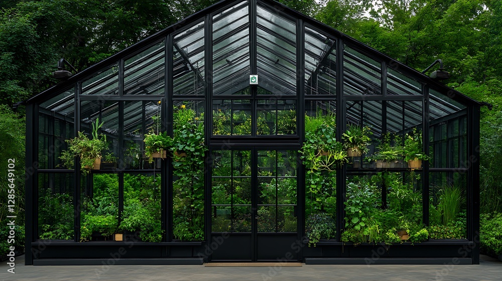 Lush Greenery Thriving in a Dark-Framed Greenhouse AI Generated