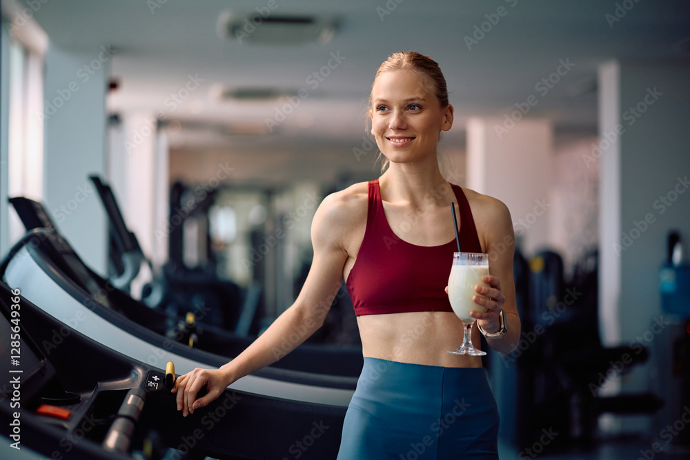 Fototapeta premium Happy athletic woman drinking smoothie while exercising at health club.