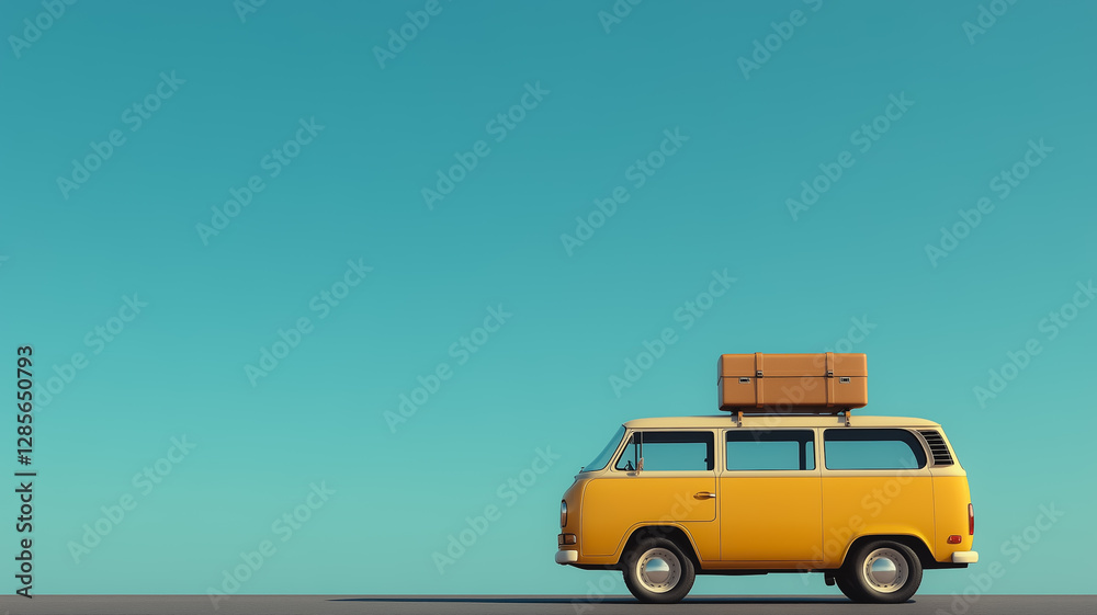 Fototapeta premium Road Trip Ready: A vintage yellow van, adorned with a suitcase on its roof, embarks on a journey against a serene blue backdrop. A timeless symbol of wanderlust and exploration.