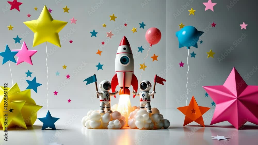 Two astronauts are standing on a rocket and holding flags. There are many colorful balloons in the background