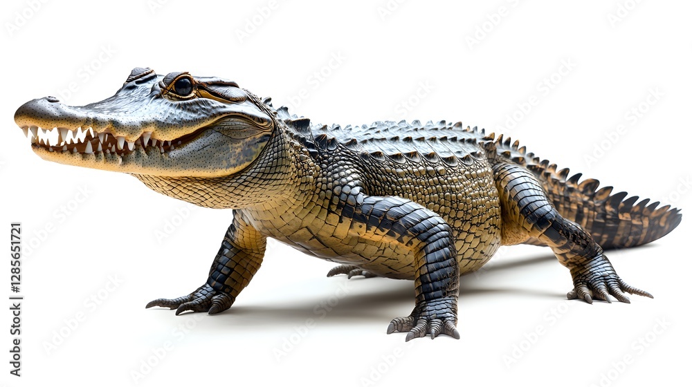 Charming toy alligator standing proudly on a crisp white surface ideal for photography Charming toy alligator standing proudly on a crisp white surface ideal for photography