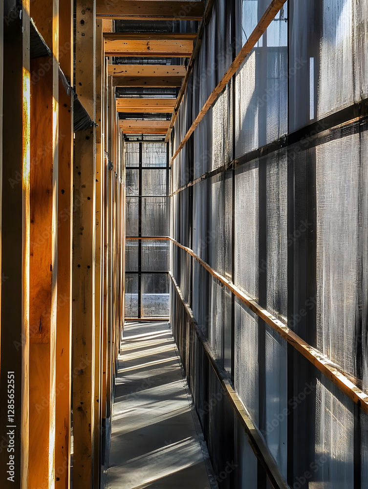 Sunlit Industrial Passageway with Wooden Beam Construction in Modern Architecture Design : Generative AI Sunlit Industrial Passageway with Wooden Beam Construction in Modern Architecture Design : Generative AI