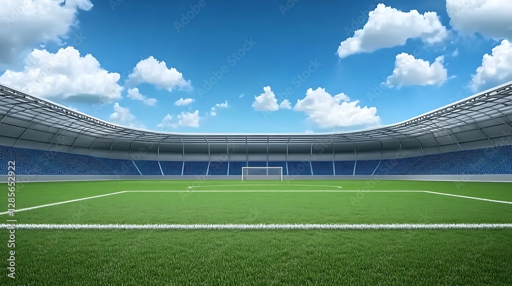 Fototapeta premium Modern Soccer Stadium 3D Render: Sunny Day, Lush Green Field AI Generated