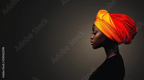 Silhouette of African woman wearing turban, isolated profile view