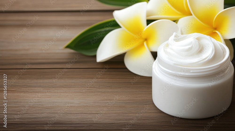 A jar of cream sitting on top of a wooden table A jar of cream sitting on top of a wooden table