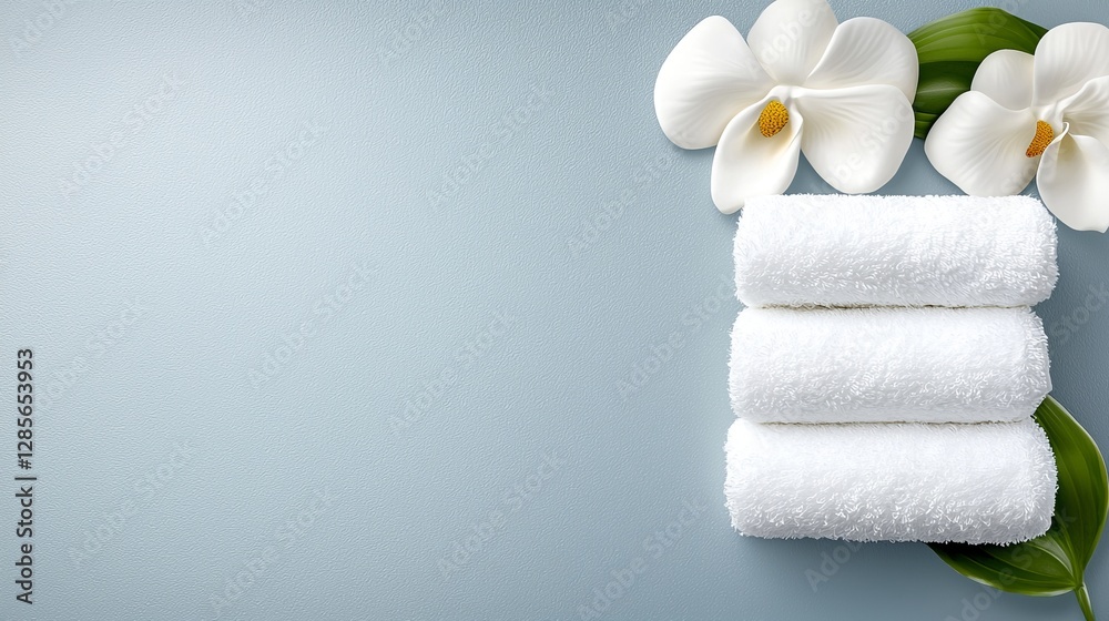 A stack of white towels with a white flower on top A stack of white towels with a white flower on top