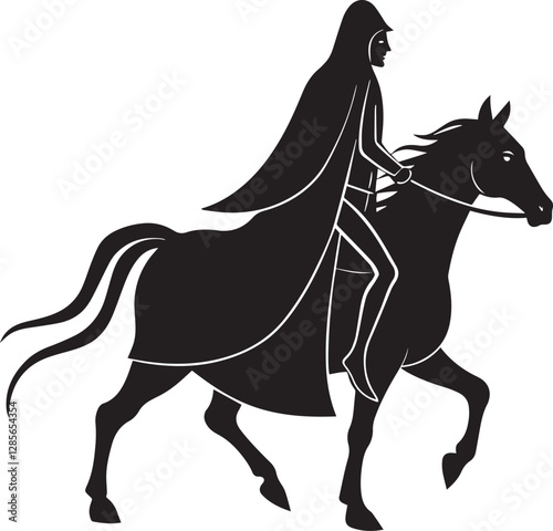 Dark, mysterious figure on horseback, abstract style, figure wearing long dark cloak