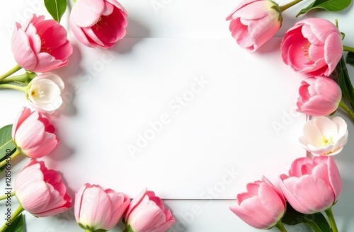 Spring card. Flowers located along the edge of a festive picture with an empty space for text for congratulations. Tulips