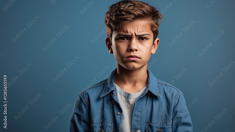 Fototapeta premium A young boy with tousled blond hair stands with his arms crossed, wearing a denim shirt.