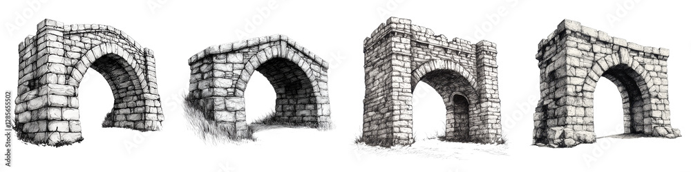 Fototapeta premium Dramatic arched stone ruins of ancient architectural structures in a weathered overgrown landscape The crumbling decaying ruins evoke a sense of history and the passage of time