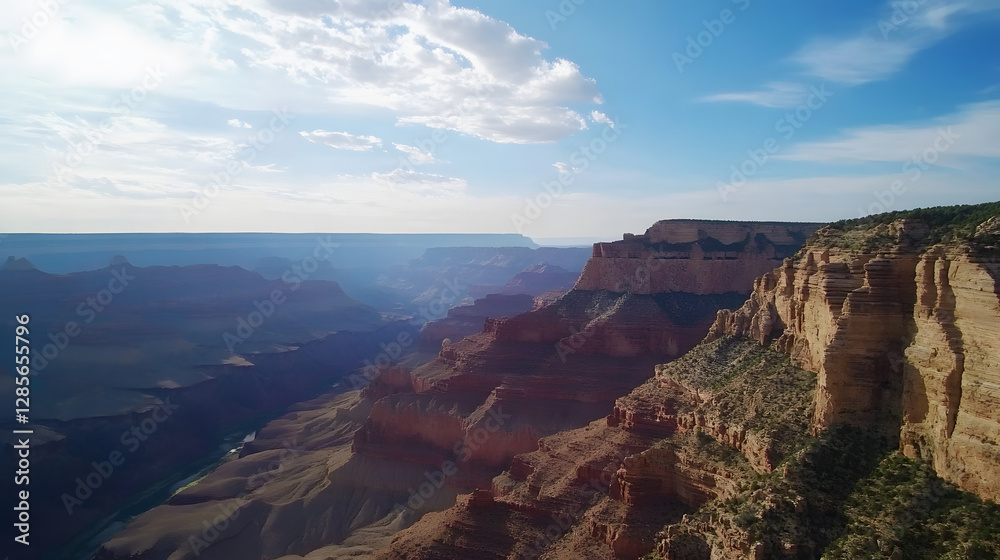 Stunning Aerial View of Grand Canyon Under Bright Blue Sky with Dramatic Shadows and Layers of Red Rock : Generative AI Stunning Aerial View of Grand Canyon Under Bright Blue Sky with Dramatic Shadows and Layers of Red Rock : Generative AI