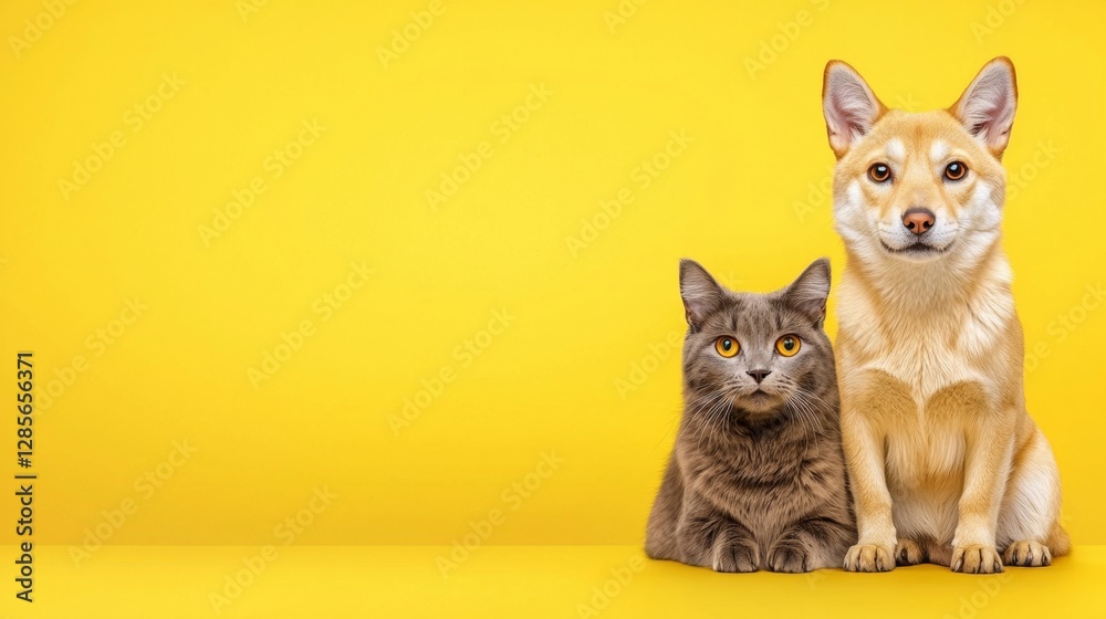 A dog and a cat sitting next to each other on a yellow background