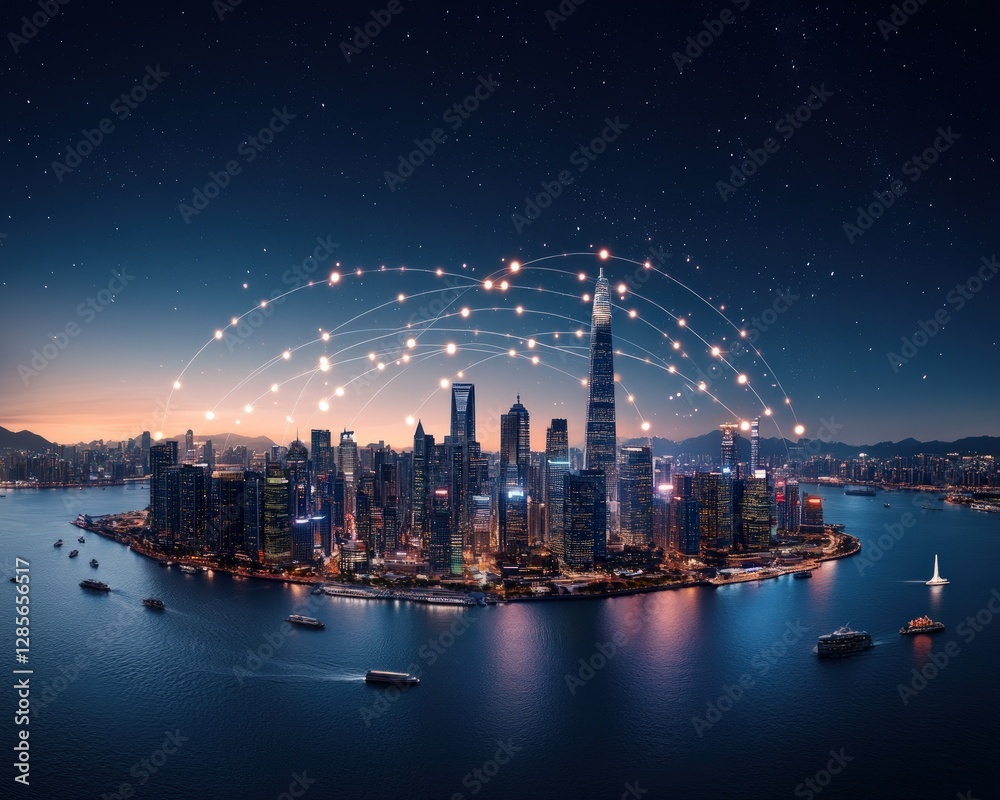 Fototapeta premium Night View of Modern City Skyline with Illuminated Network Connections Over Water