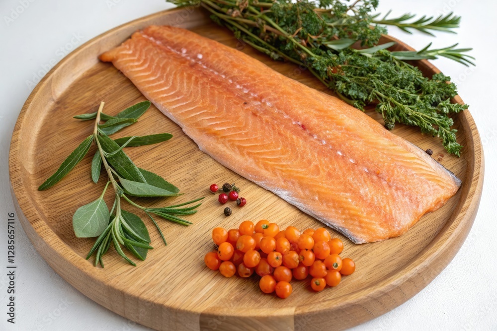Flaky Arctic char fillet on a wooden plate with a sprinkle of fresh herbs and a side of cloudberries, protein, presentation, herb-infused Flaky Arctic char fillet on a wooden plate with a sprinkle of fresh herbs and a side of cloudberries, protein, presentation, herb-infused