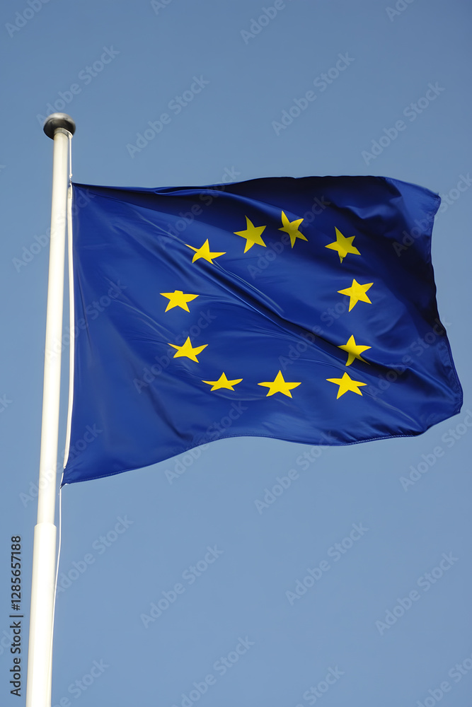 European Union Flag Waving in the Clear Blue Sky : Generative AI European Union Flag Waving in the Clear Blue Sky : Generative AI