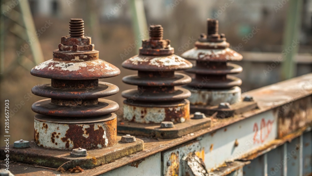 Close-up of rusty, weathered insulators on a bridge, showcasing texture and aging metal components in an industrial setting. Close-up of rusty, weathered insulators on a bridge, showcasing texture and aging metal components in an industrial setting.