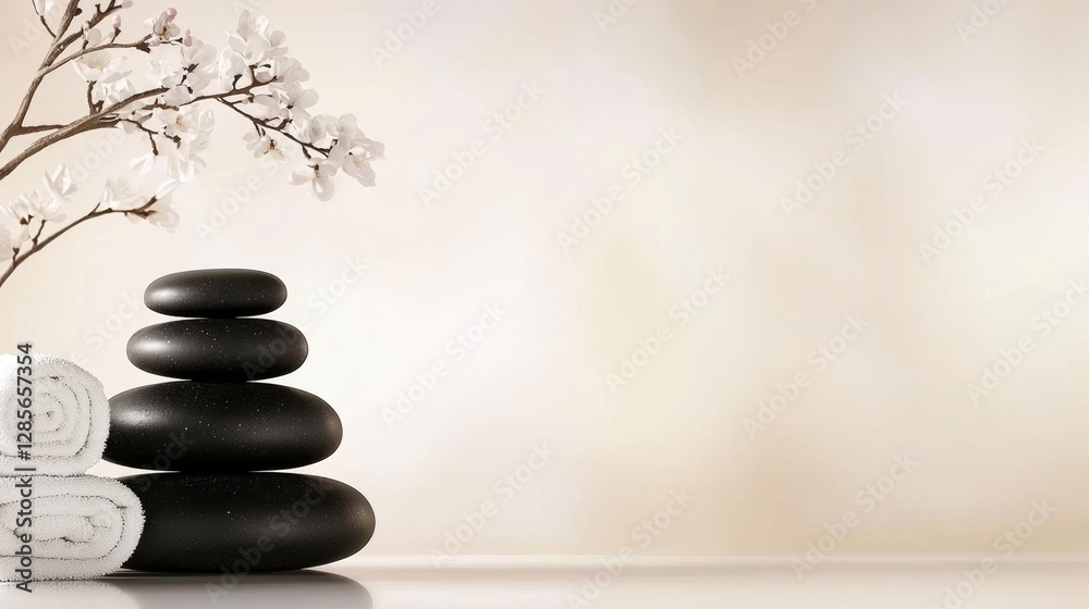 A stack of black pebbles and white towels next to a vase of flowers A stack of black pebbles and white towels next to a vase of flowers