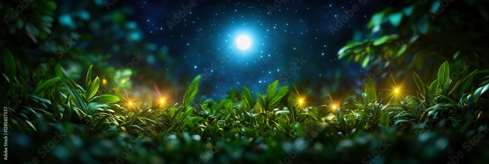 Enchanted Night Garden with Lush Greenery and Glowing Fireflies Under Moonlight Enchanted Night Garden with Lush Greenery and Glowing Fireflies Under Moonlight