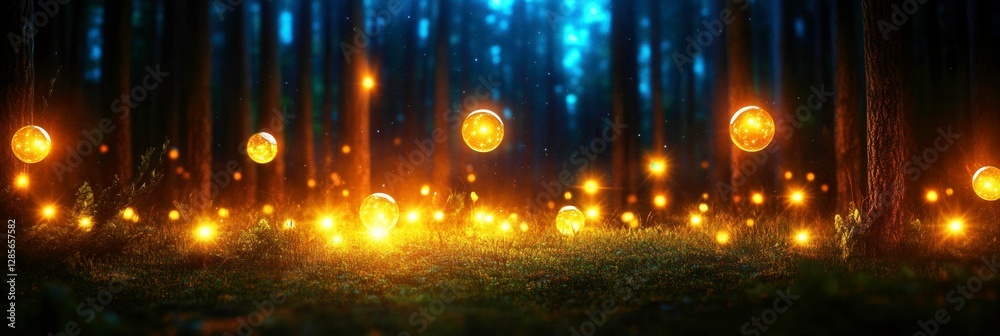 Enchanted Forest with Glowing Spheres and Magical Light Effects