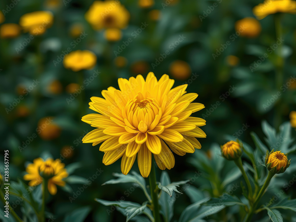 Focus on a single yellow chrysanthemum bloom in a garden, bloom, focus, beautiful Focus on a single yellow chrysanthemum bloom in a garden, bloom, focus, beautiful