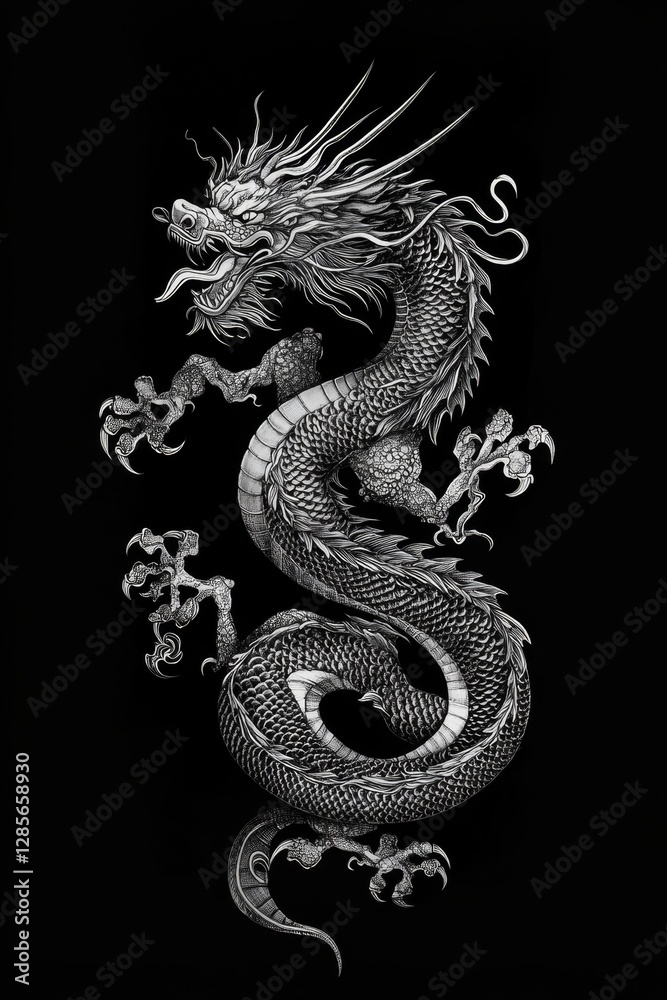 A black and white drawing of a dragon on a black background A black and white drawing of a dragon on a black background