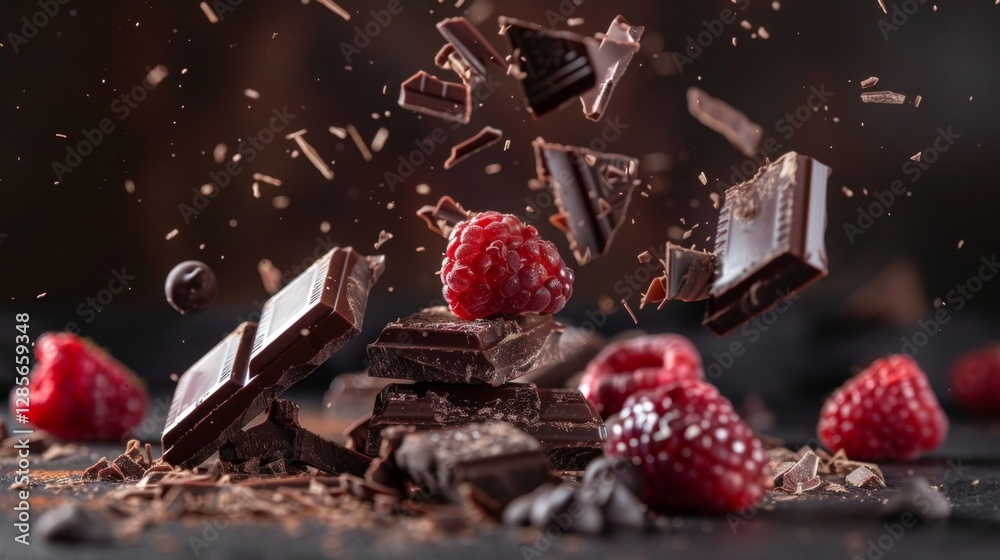 A pile of dark chocolate with raspberries falling out of it