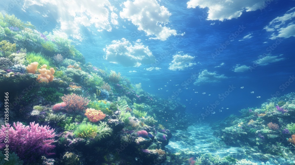 Fototapeta premium Underwater coral reef scene, vibrant colors, sunny day, marine life, nature background, perfect for showcasing biodiversity, educational purposes