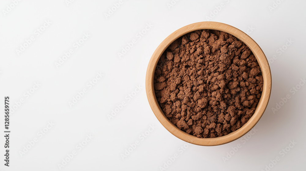 Nutrient dense organic compost filling rustic wooden bowl, highlighting eco friendly gardening sustainability against clean white surface Nutrient dense organic compost filling rustic wooden bowl, highlighting eco friendly gardening sustainability against clean white surface