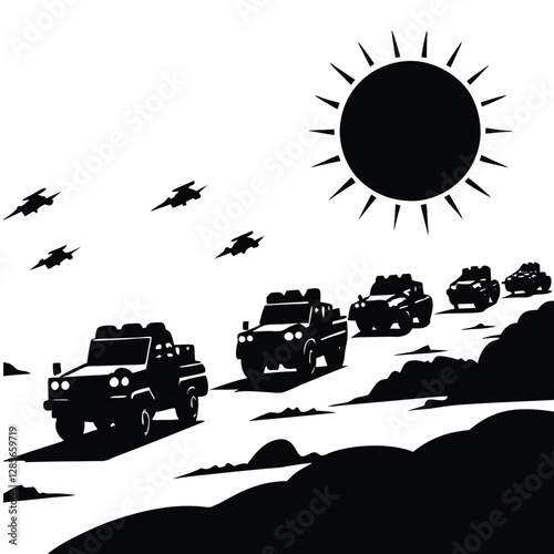 "Military Convoy in Desert Landscape Vector Illustration"

