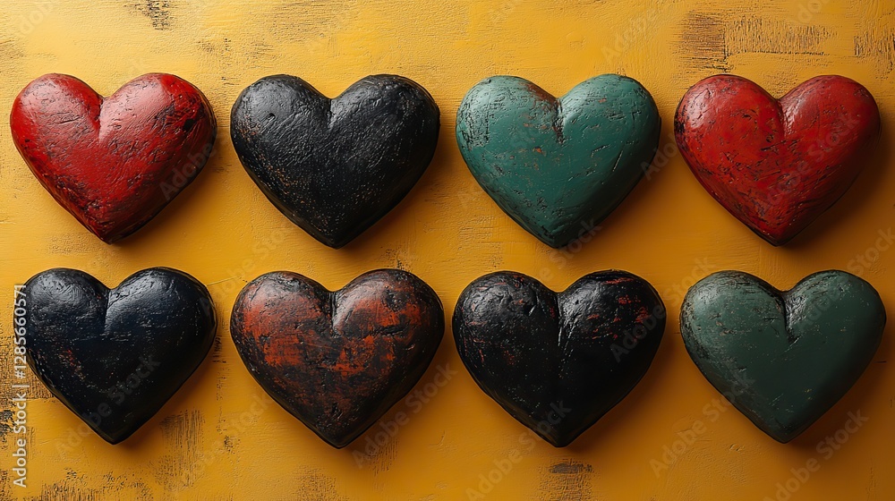 Fototapeta premium Red, green, and black hearts arranged on a yellow background, symbolizing Juneteenth emancipation.