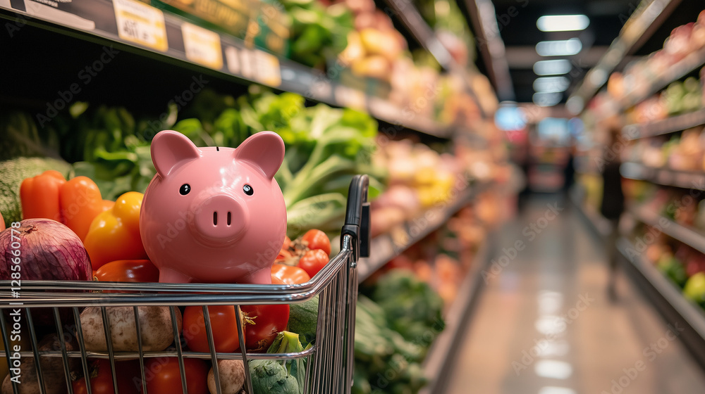 Obraz premium Ceramic piggy bank nestled among fresh produce in shopping cart, symbolizing financial planning and economical food purchasing