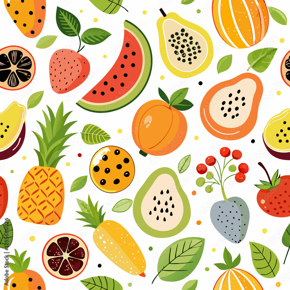 Colorful seamless pattern of various tropical and summer fruits. Colorful seamless pattern of various tropical and summer fruits.