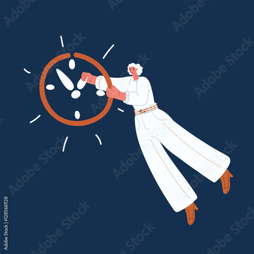 Cartoon vector illustration of a woman pulling the hands of a clock forward, symbolizing the desire to speed up time and increase progress over dark background