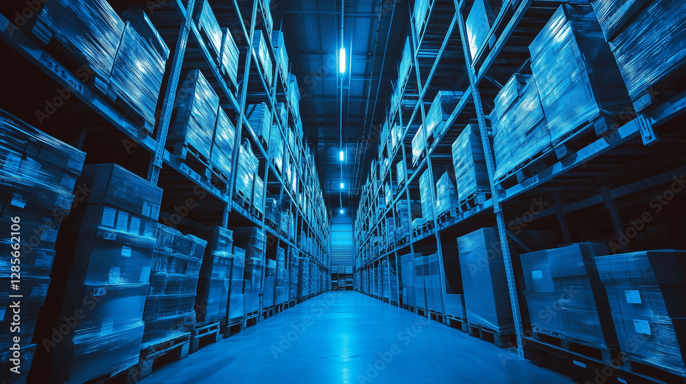 Industrial warehouse storing many goods on shelves and pallets, showing supply chains and logistics management