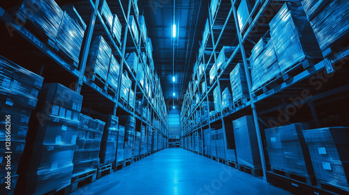 Obraz na płótnie Industrial warehouse storing many goods on shelves and pallets, showing supply chains and logistics management w salonie