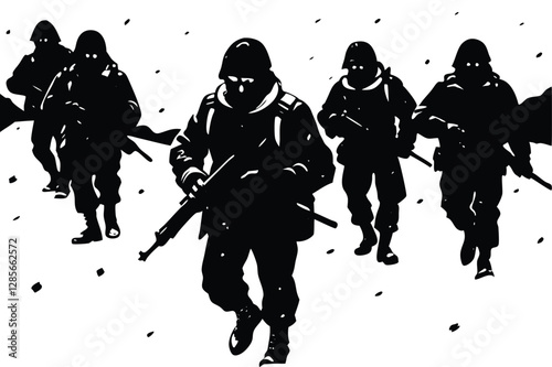 "Winter Camouflage Soldiers in Snowy Battlefield Vector Illustration"

