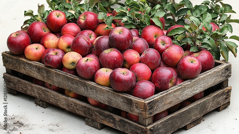 Ripe red apples piled in a wooden crate under a tree in a sunny orchard, ready for apple harvest Ripe red apples piled in a wooden crate under a tree in a sunny orchard, ready for apple harvest
