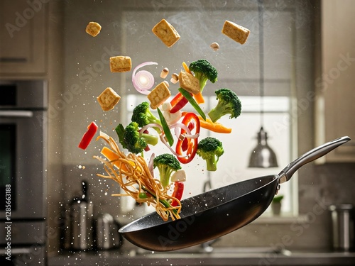 Stir fry ingredients cooking in the air above a wok pan