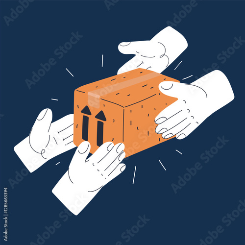Cartoon vector illustration of a package being exchanged between hands, symbolizing teamwork, responsibility, and seamless collaboration over dark background.