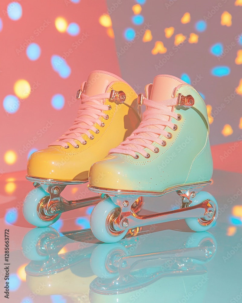 Fototapeta premium Colorful retro roller skates on glossy surface with vibrant background and playful light patterns