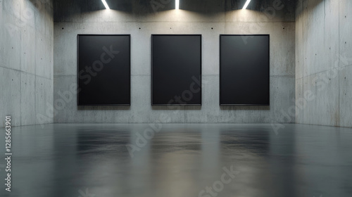 Minimalist concrete wall with three black vertical frames casting subtle shadows, creating elegant gallery style display highlighting negative space