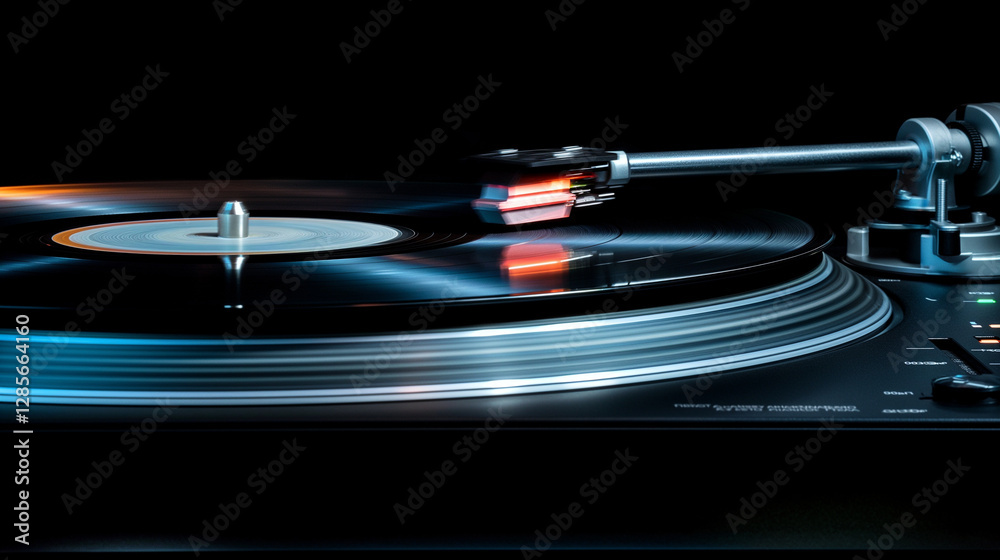 Vinyl record spinning on turntable, motion-blurred surface revealing dynamic audio experience with vintage music aesthetic