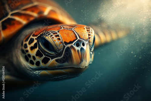 Close up view of a vibrant  turtle showcasing detailed patterns in an underwater setting