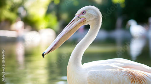Graceful pink pelican standing by serene water and green nature : Generative AI
