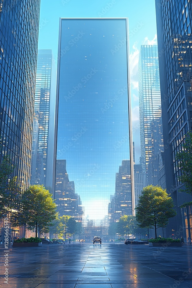 A view of a city street with tall buildings in the background