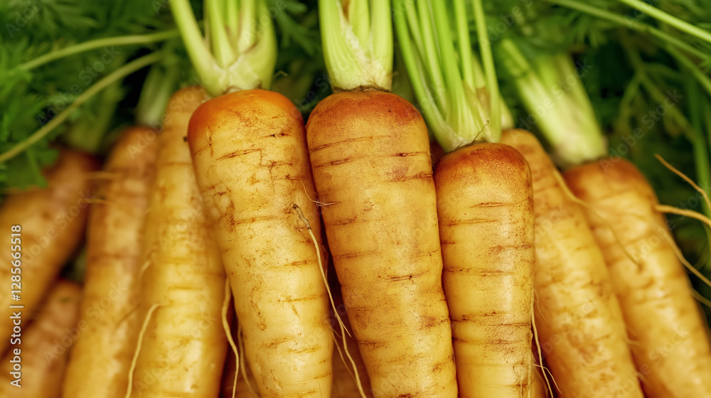 Close up of imperfect yellow carrots with soil, emphasizing farm to table concept and healthy eating Close up of imperfect yellow carrots with soil, emphasizing farm to table concept and healthy eating