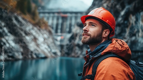 Man in orange jacket and helmet gazes thoughtfully at the rock formations near a dam in a mountain valley