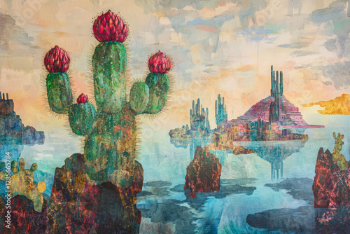 A dreamlike painting featuring towering cacti with red flowers, floating rock formations, and an ancient pyramid reflecting in tranquil water under a soft sky.