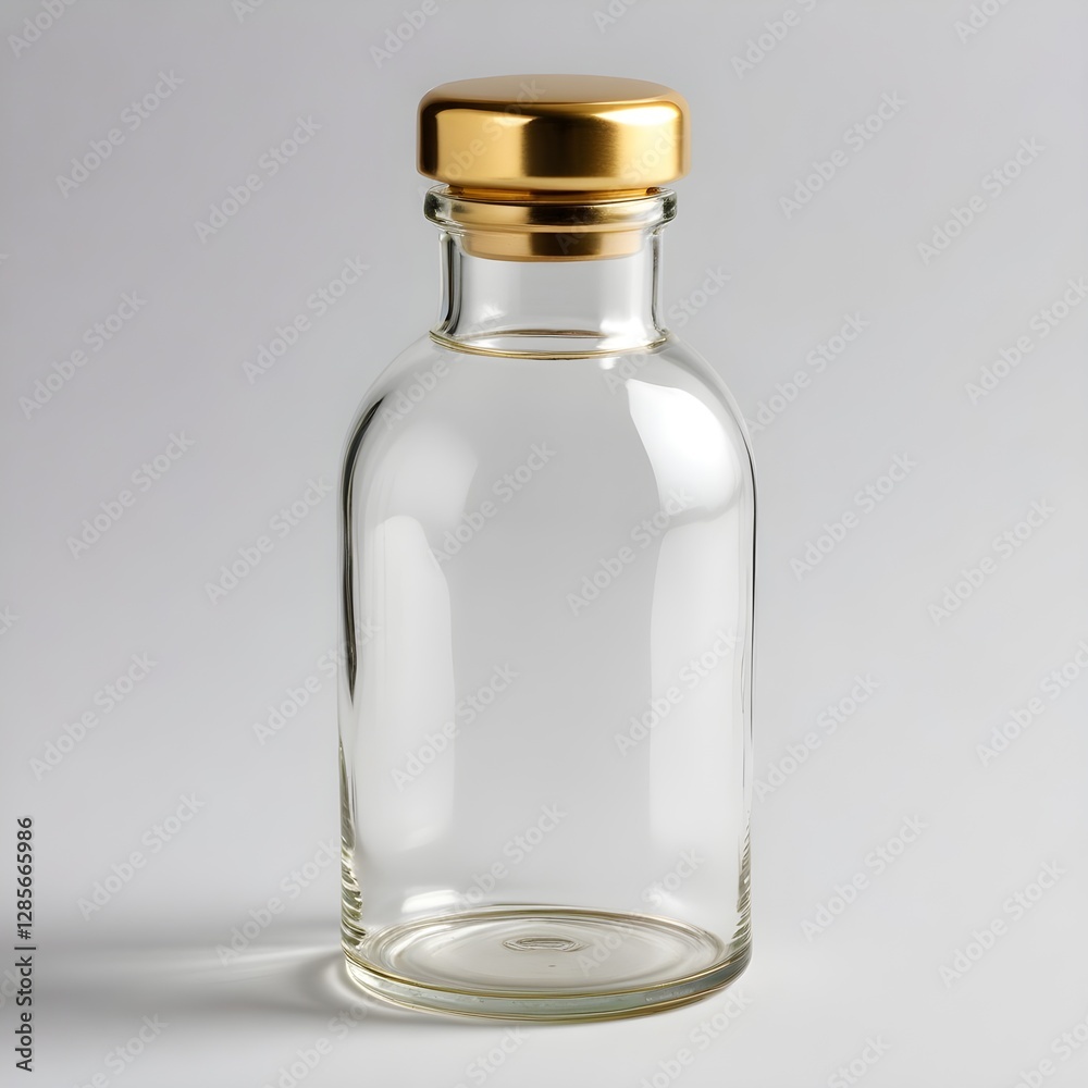 A clear glass bottle with a cap, standing on a white background A clear glass bottle with a cap, standing on a white background