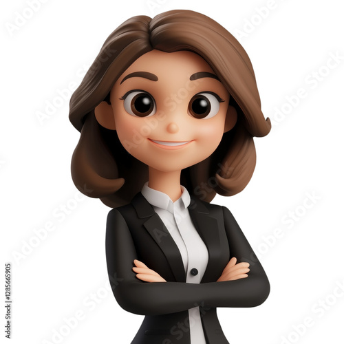 3D Cartoon Businesswoman Smiling White Background. Isolated on Transparent or White Background Professional cartoon character in suit